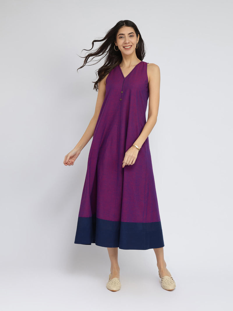 Cotton Handwoven Colourblock Dress - Purple & Blue