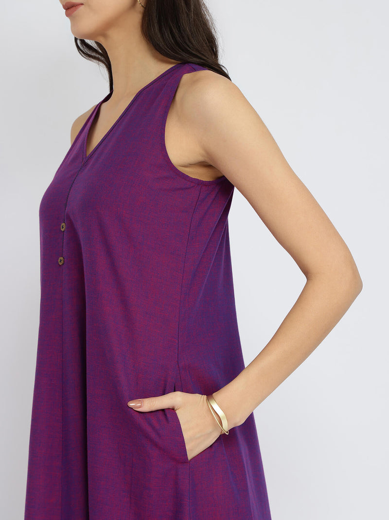 Cotton Handwoven Colourblock Dress - Purple & Blue