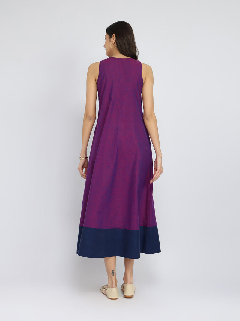 Cotton Handwoven Colourblock Dress - Purple & Blue