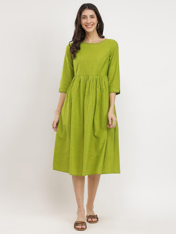 Cotton Handwoven Fit & Flare Dress - Green