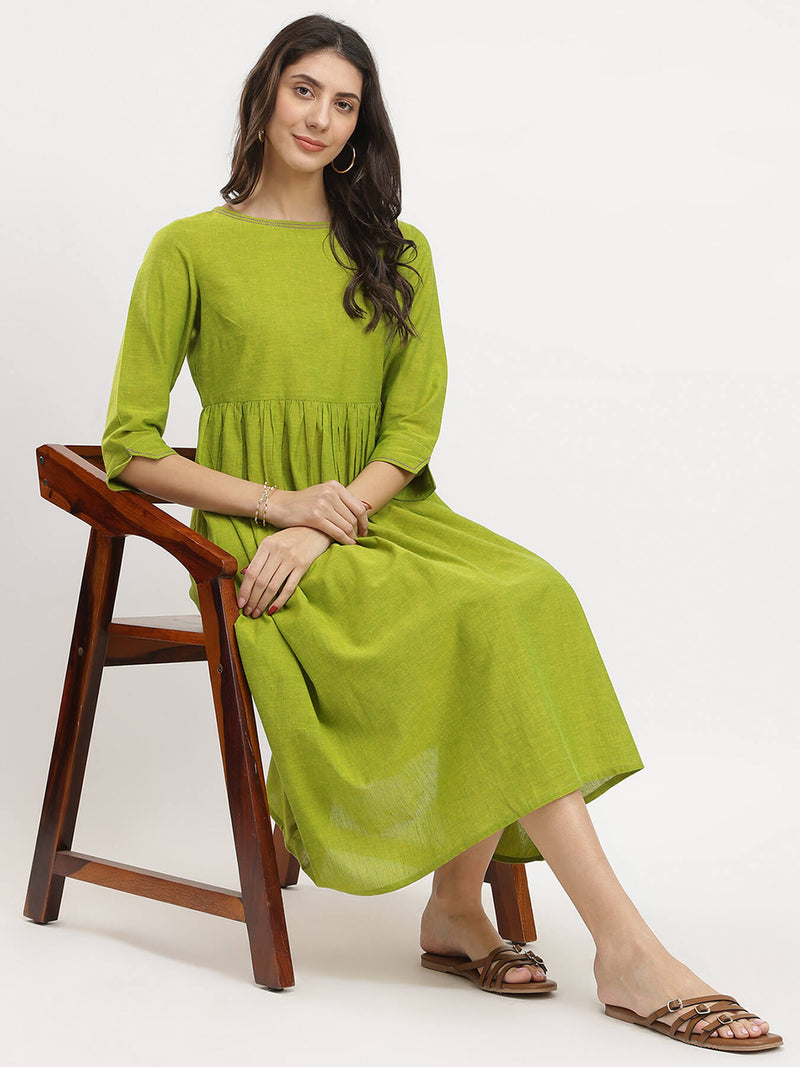 Cotton Handwoven Fit & Flare Dress - Green