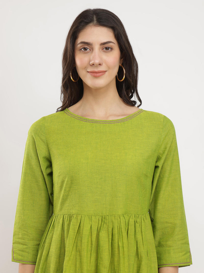 Cotton Handwoven Fit & Flare Dress - Green
