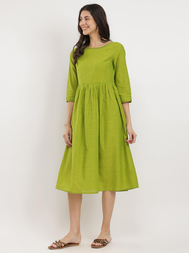 Cotton Handwoven Fit & Flare Dress - Green