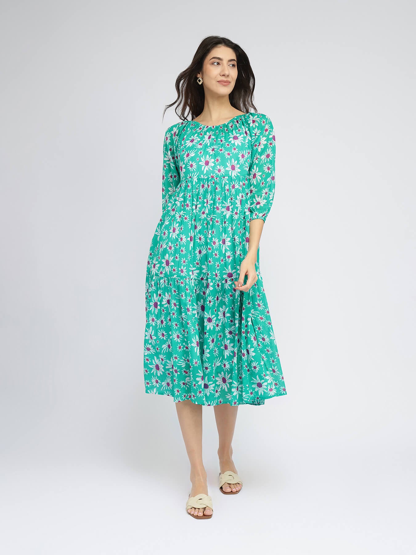 Cotton Floral Tiered A-Line Dress - Green