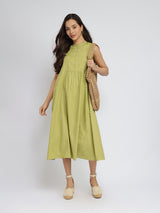 Cotton Solid Button Detail Midi Dress - Green