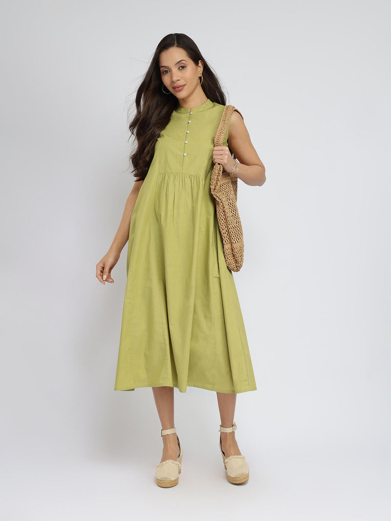 Cotton Solid Button Detail Midi Dress - Green