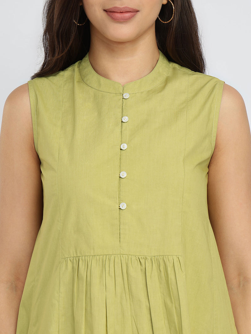 Cotton Solid Button Detail Midi Dress - Green