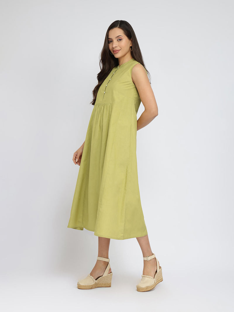 Cotton Solid Button Detail Midi Dress - Green