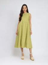 Cotton Solid Button Detail Midi Dress - Green