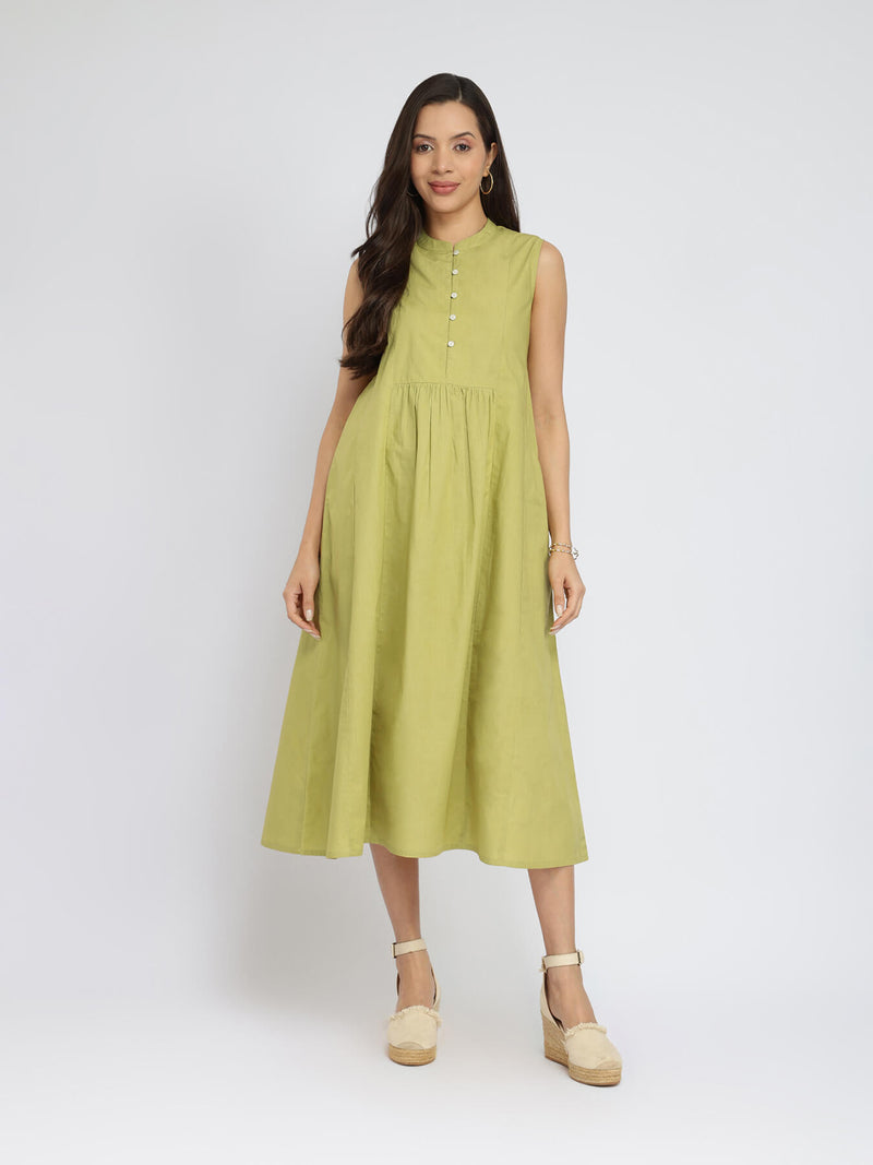 Cotton Solid Button Detail Midi Dress - Green