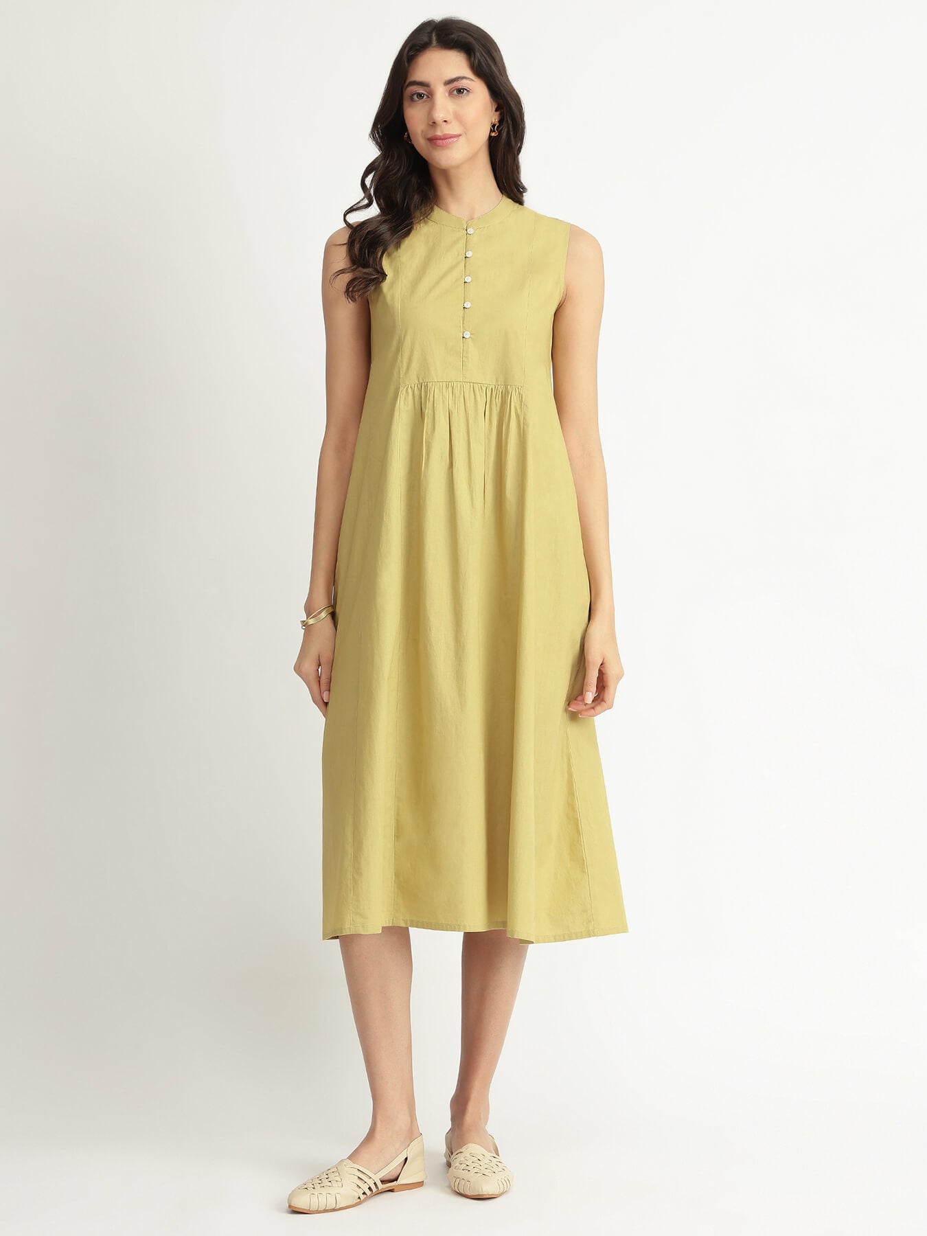 Air Loom Cotton Poplin Solid Midi Dress - Green
