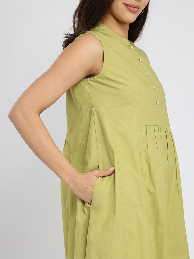 Cotton Solid Button Detail Midi Dress - Green