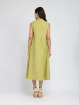 Cotton Solid Button Detail Midi Dress - Green
