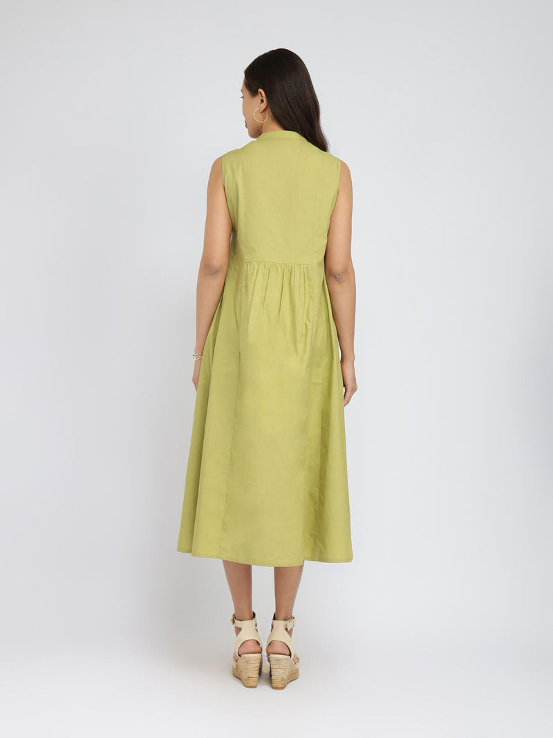Cotton Solid Button Detail Midi Dress - Green