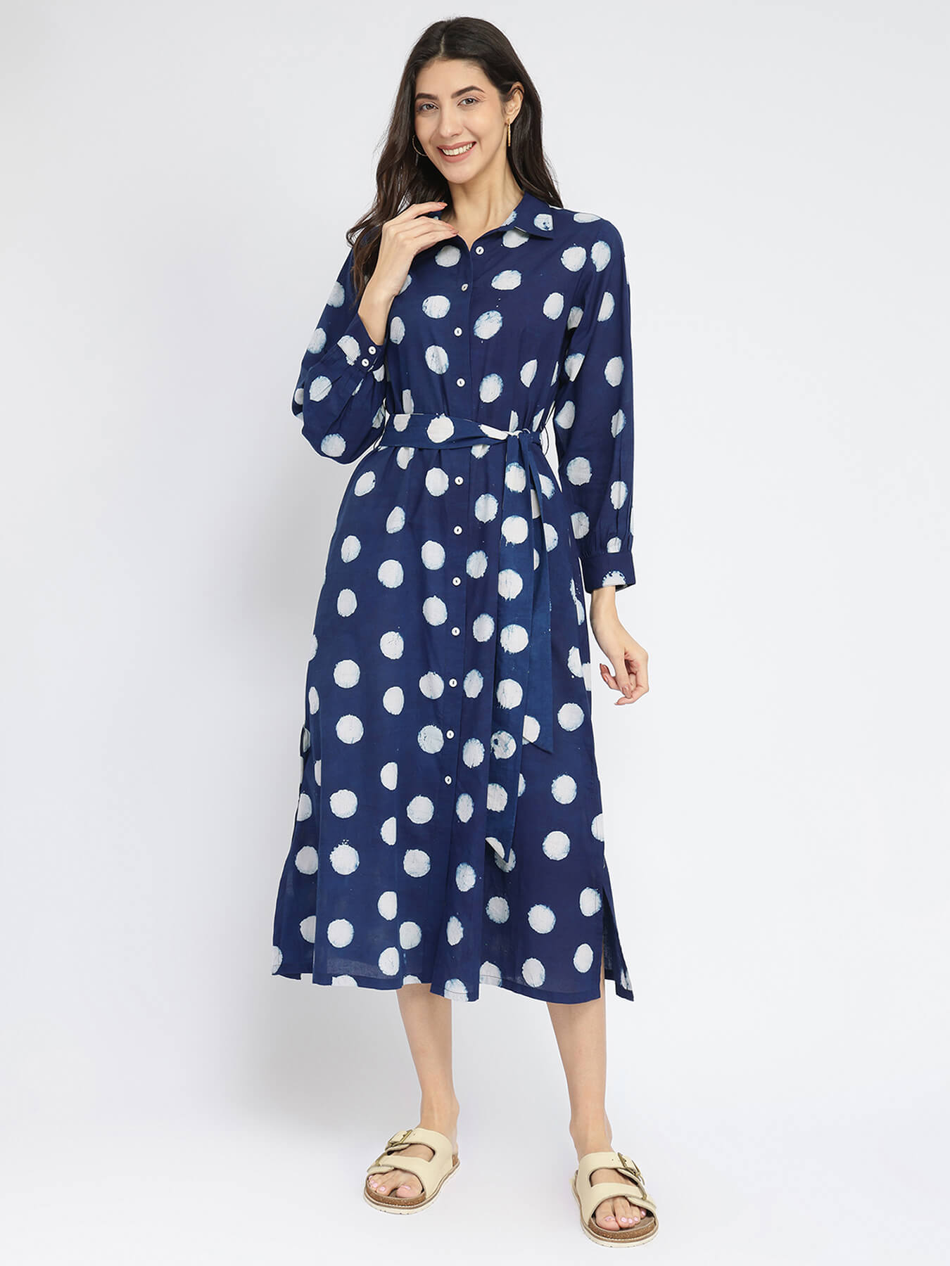 Cotton Dabu Polka Shirt Dress - Indigo