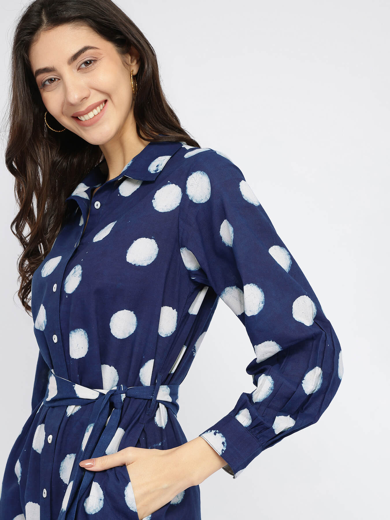 Cotton Dabu Polka Shirt Dress - Indigo