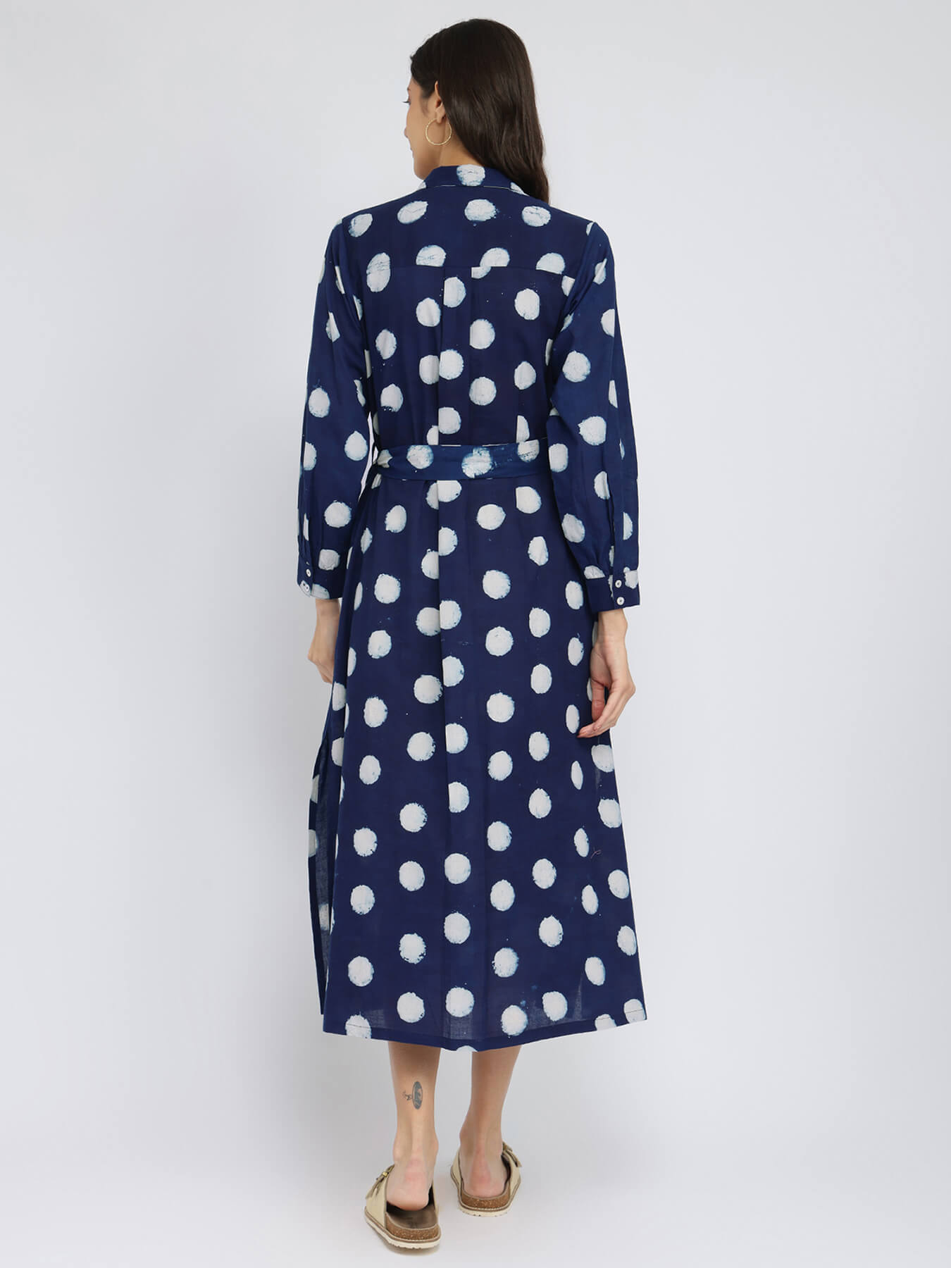 Cotton Dabu Polka Shirt Dress - Indigo
