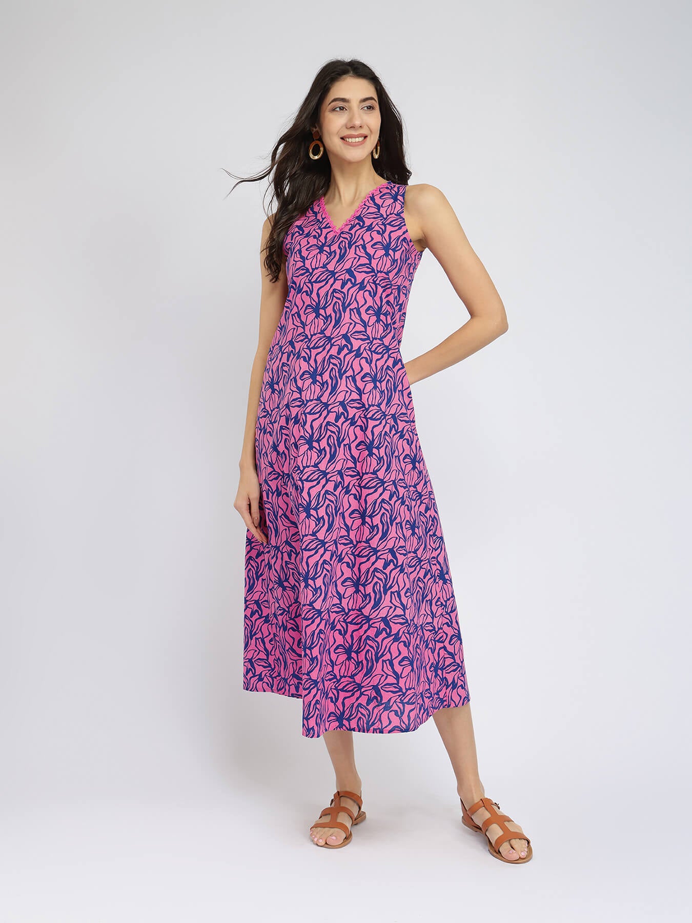 Cotton Floral A-Line Dress - Pink & Blue