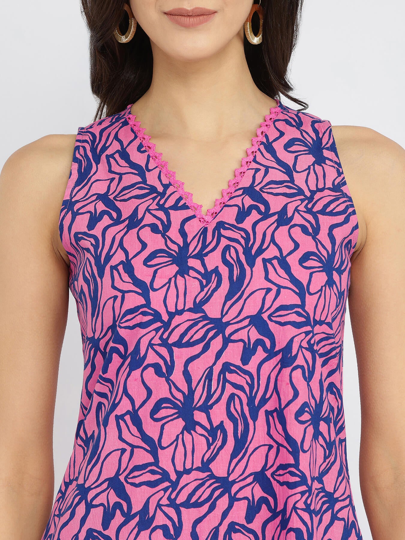 Cotton Floral A-Line Dress - Pink & Blue