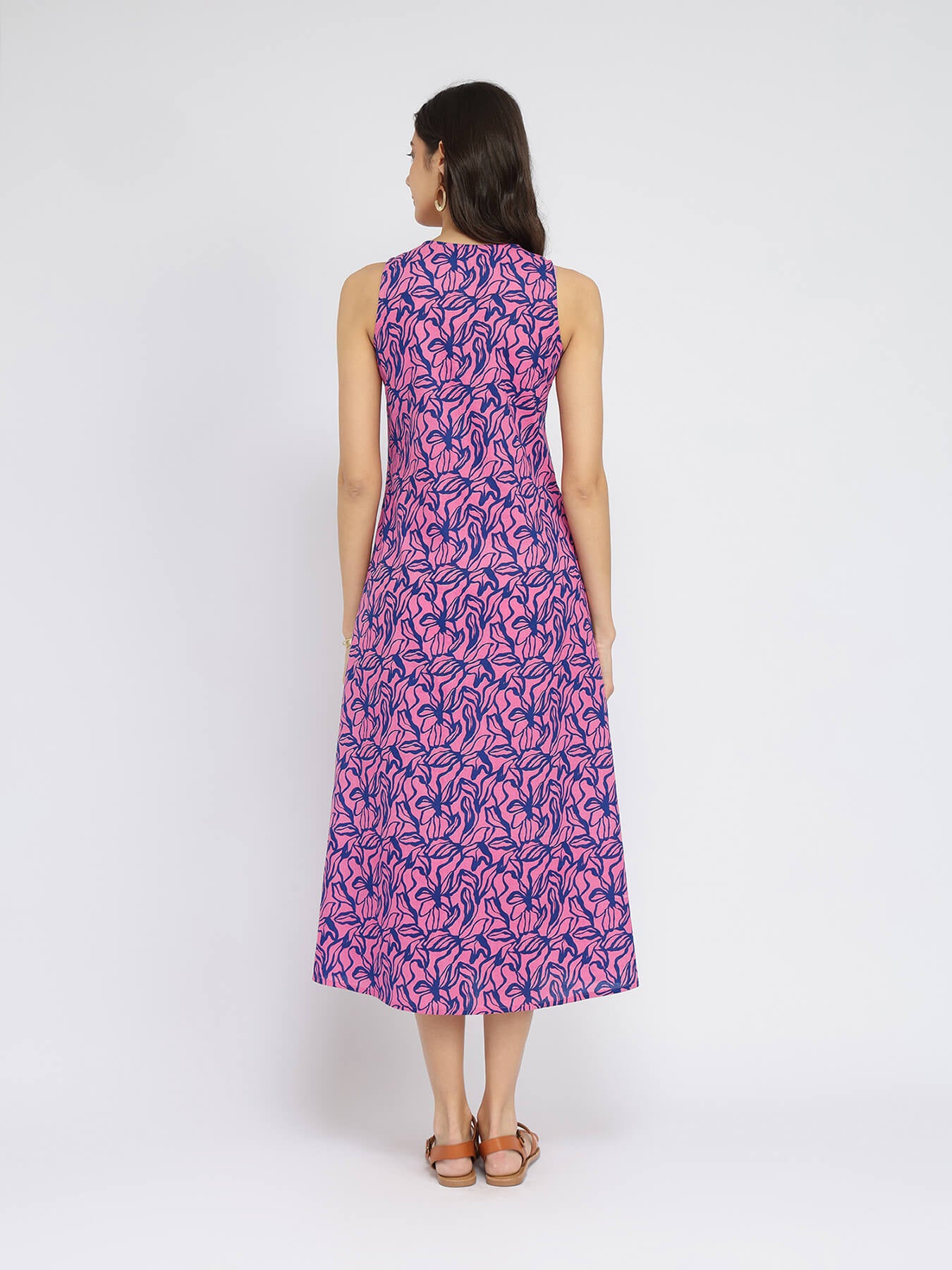 Cotton Floral A-Line Dress - Pink & Blue