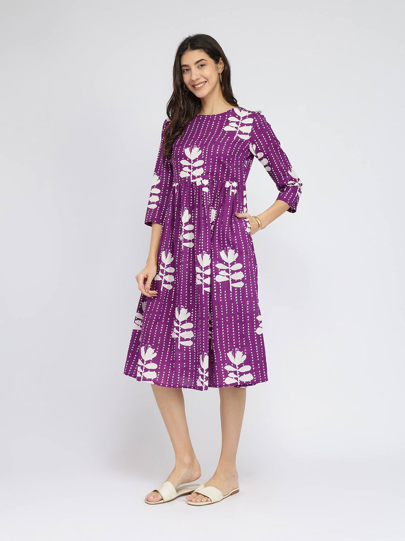 Cotton Floral Fit & Flare Dress - Purple