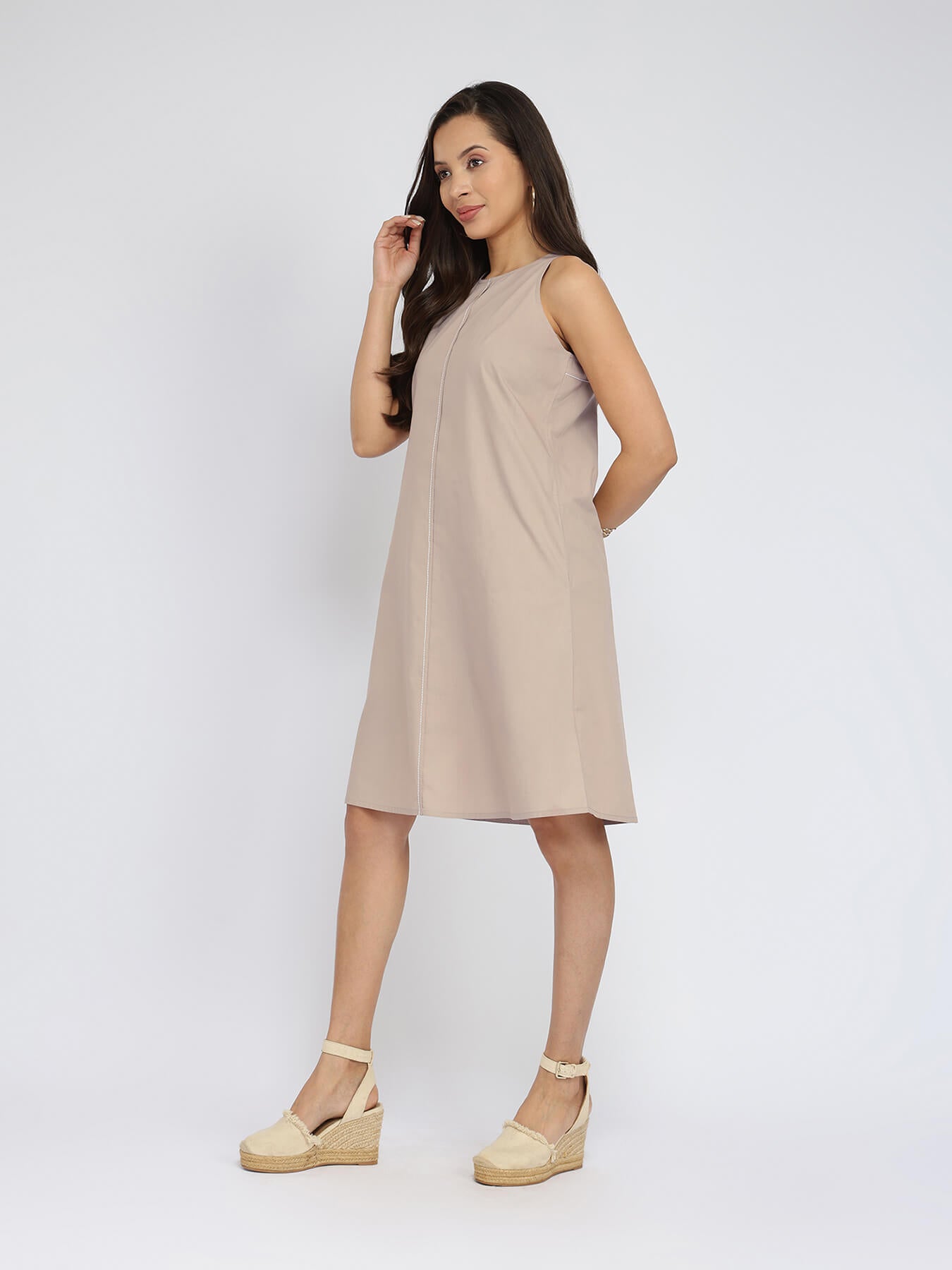 Air Loom Cotton Poplin Solid Dress - Beige