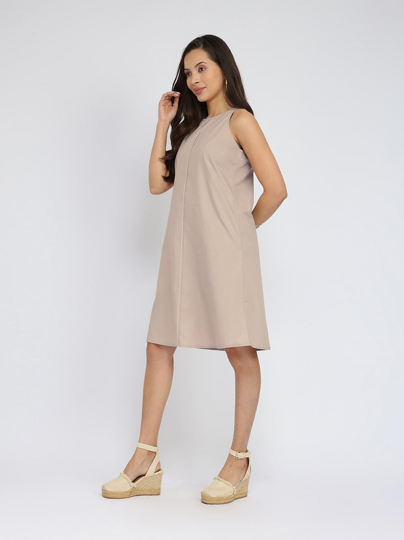 Air Loom Cotton Poplin Solid Dress - Beige