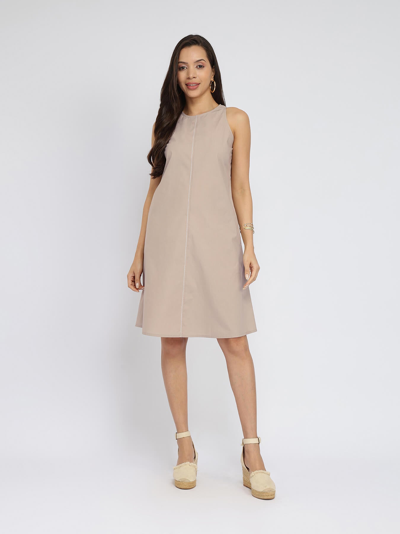 Air Loom Cotton Poplin Solid Dress - Beige