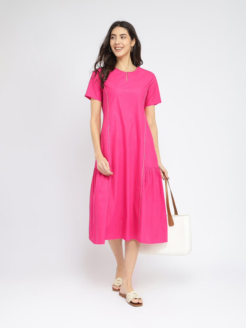 Air Loom Cotton Poplin Solid Midi Dress - Pink