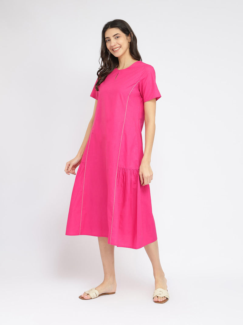 Air Loom Cotton Poplin Solid Midi Dress - Pink