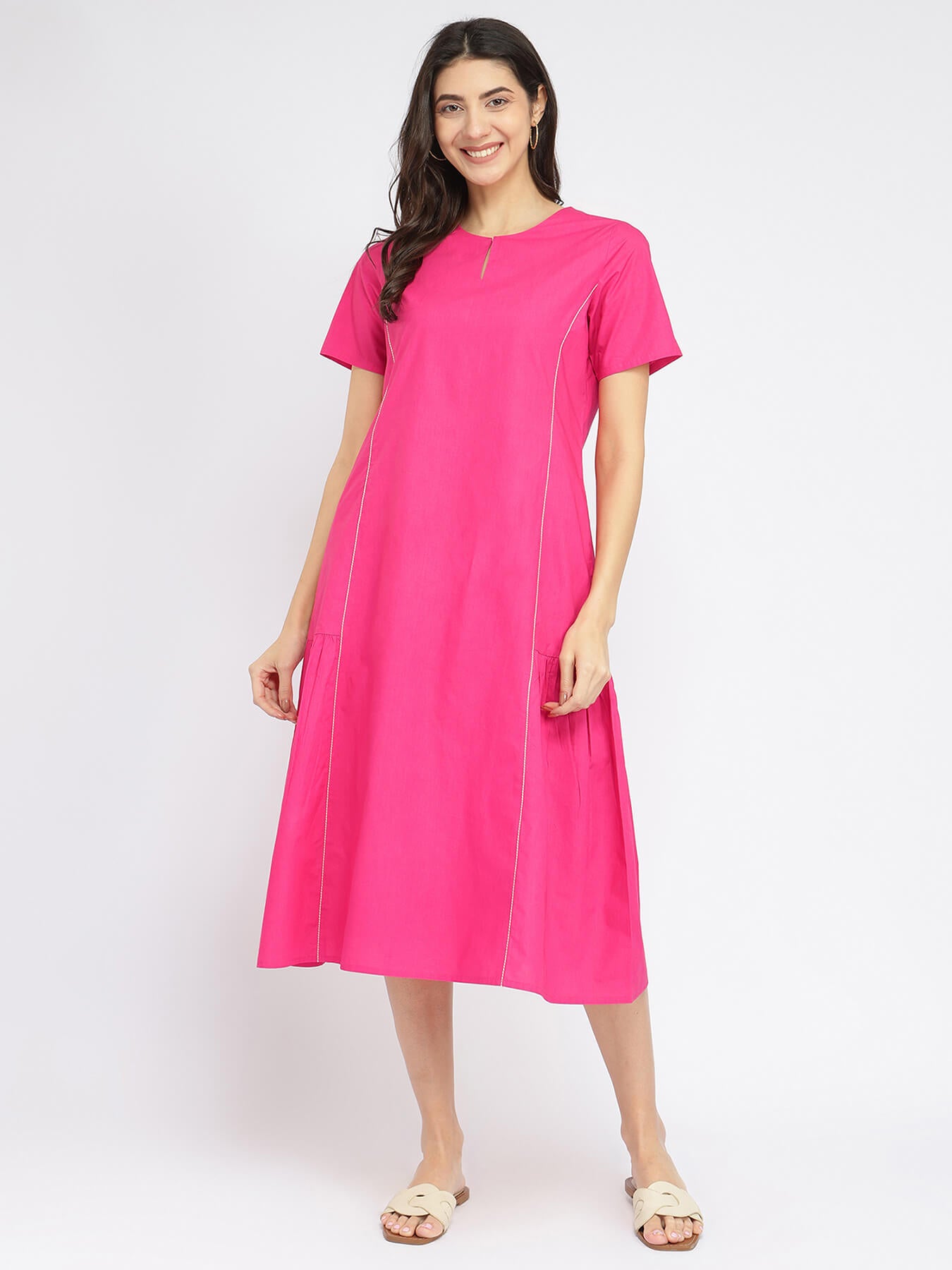 Air Loom Cotton Poplin Solid Midi Dress - Pink