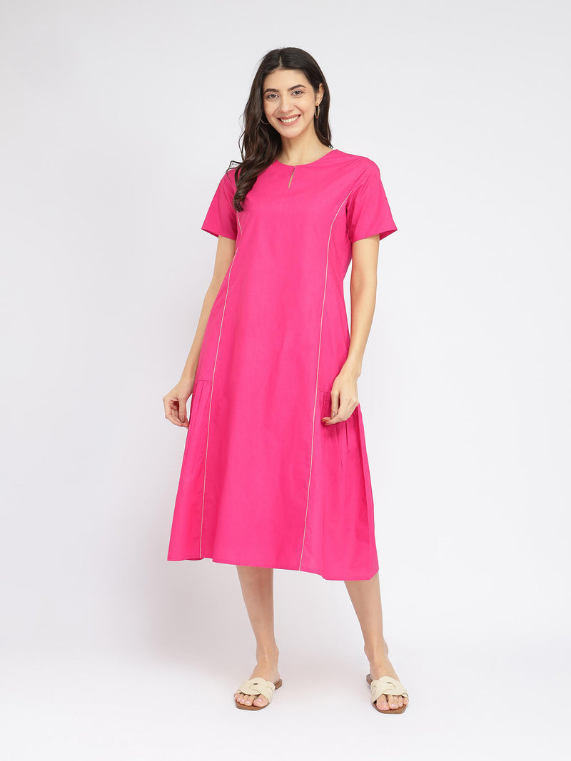 Air Loom Cotton Poplin Solid Midi Dress - Pink