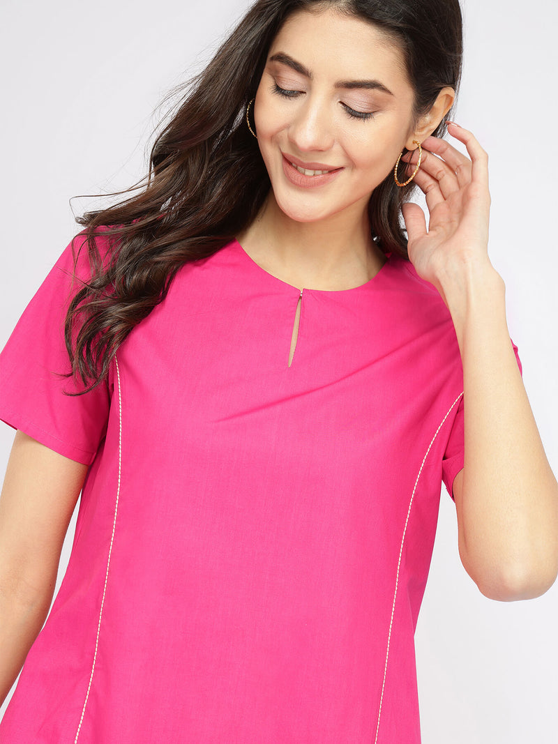 Air Loom Cotton Poplin Solid Midi Dress - Pink