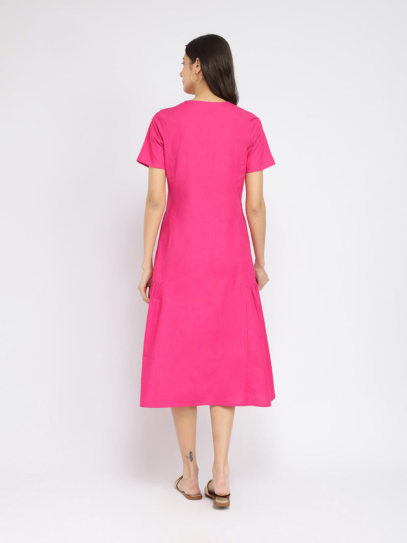 Air Loom Cotton Poplin Solid Midi Dress - Pink