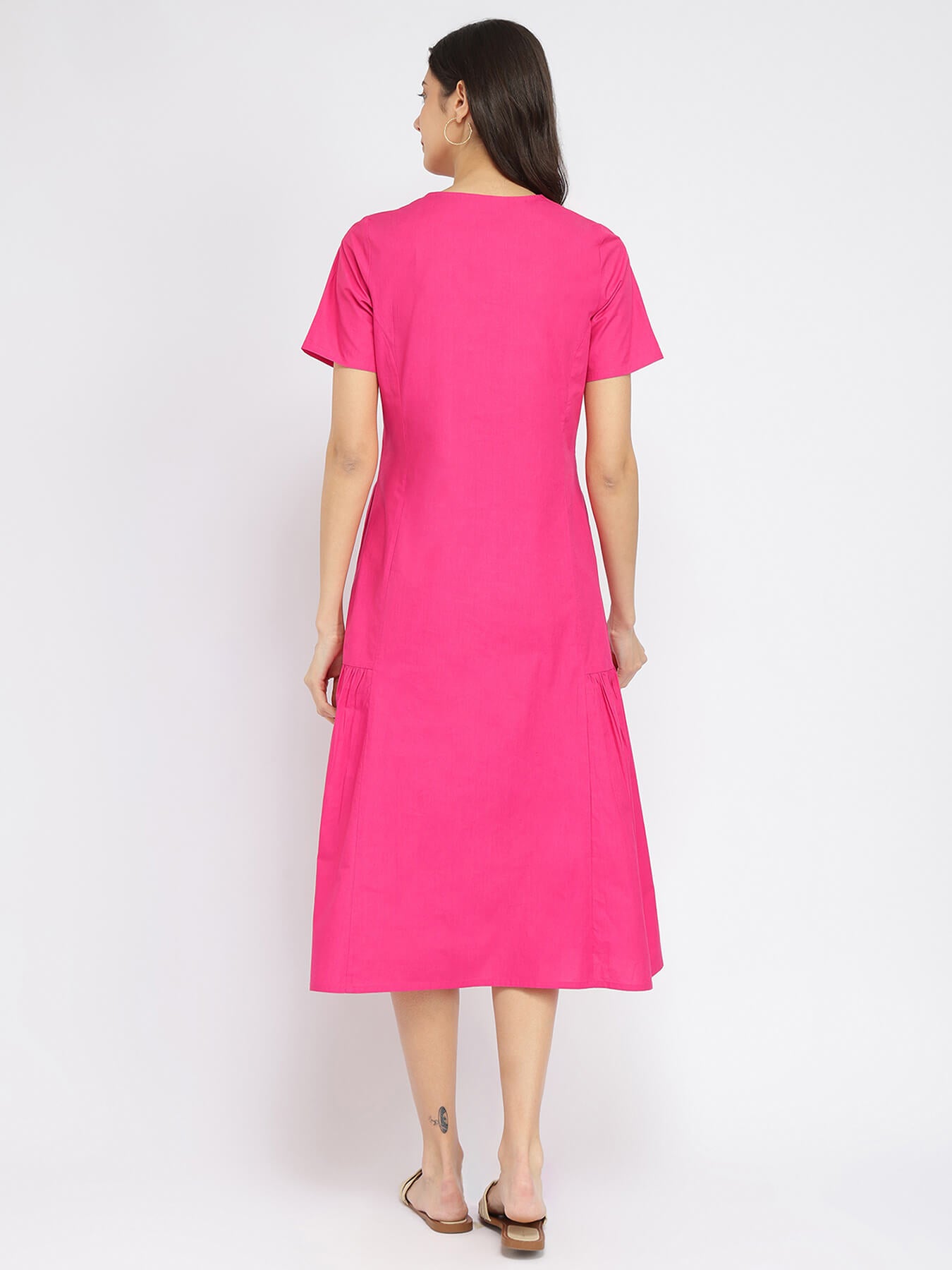 Air Loom Cotton Poplin Solid Midi Dress - Pink