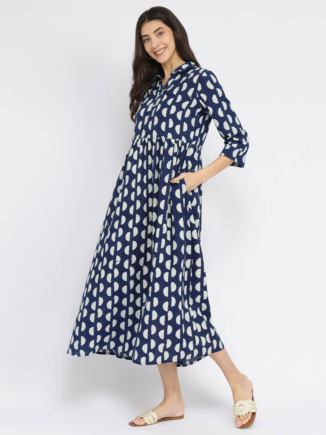 Cotton Dabu Half Polka Print Dress - Indigo
