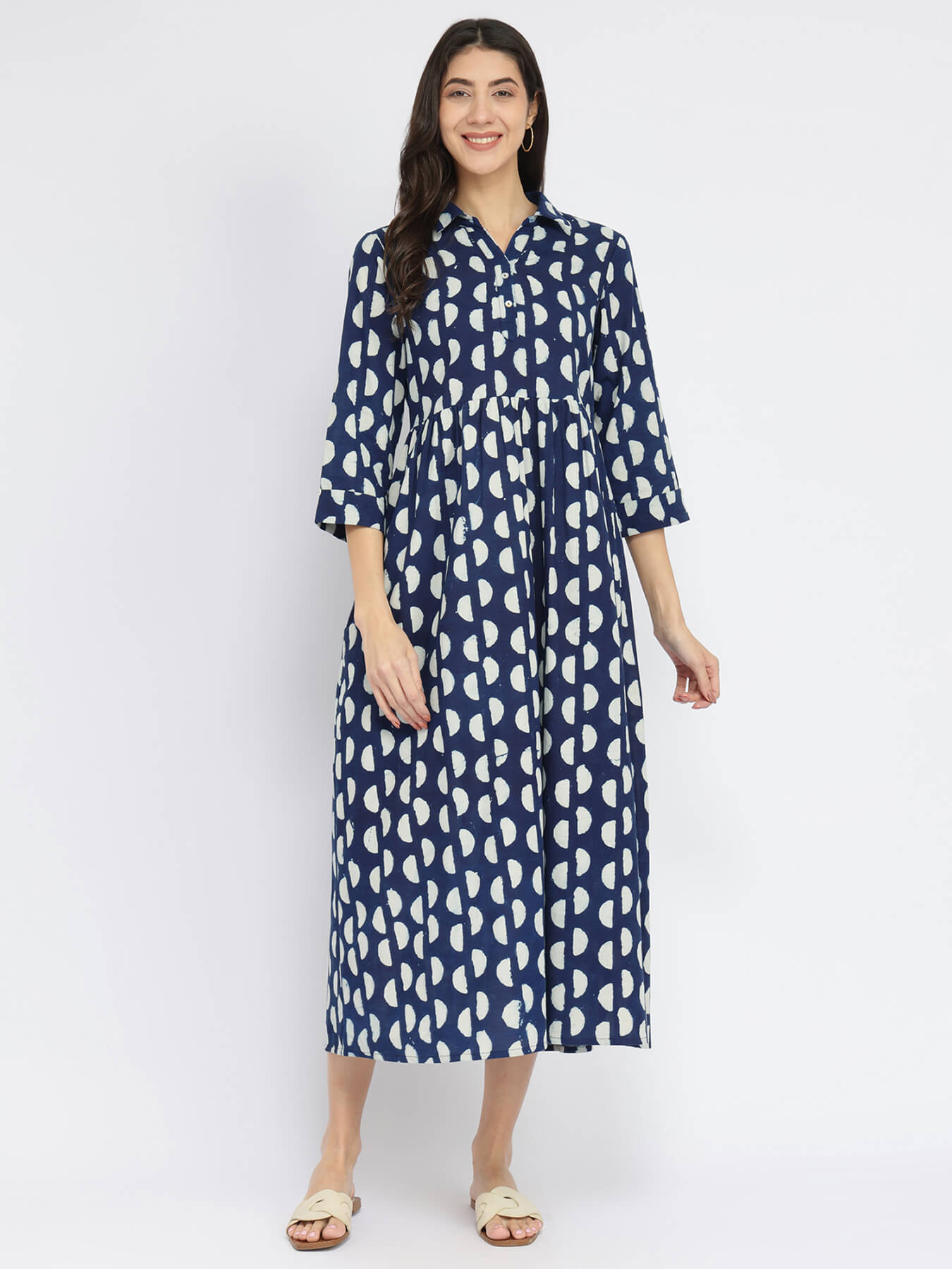 Cotton Dabu Half Polka Print Dress - Indigo