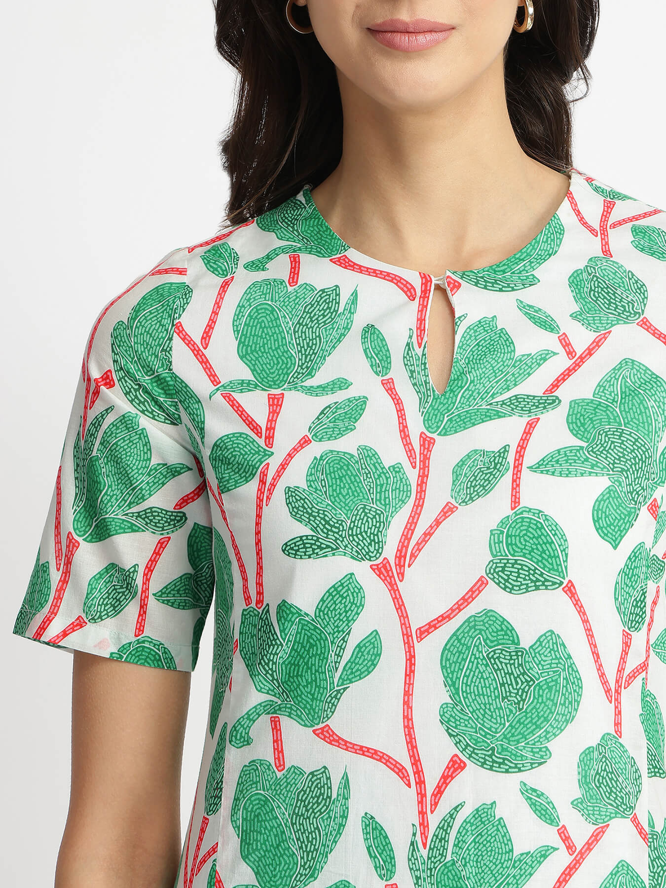 Cotton Floral A-Line Dress - Green & Red