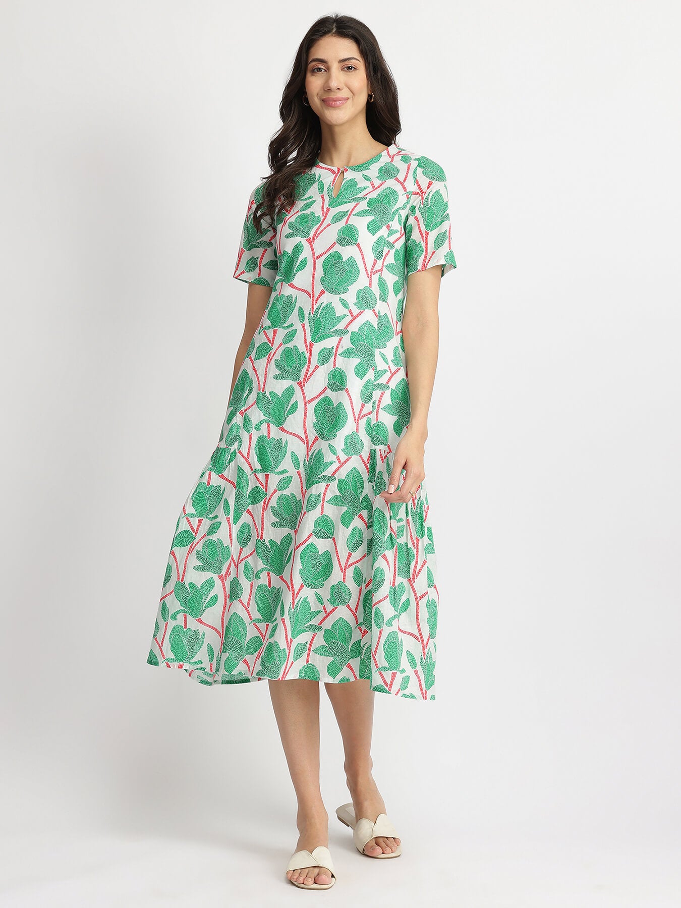 Cotton Floral A-Line Dress - Green & Red