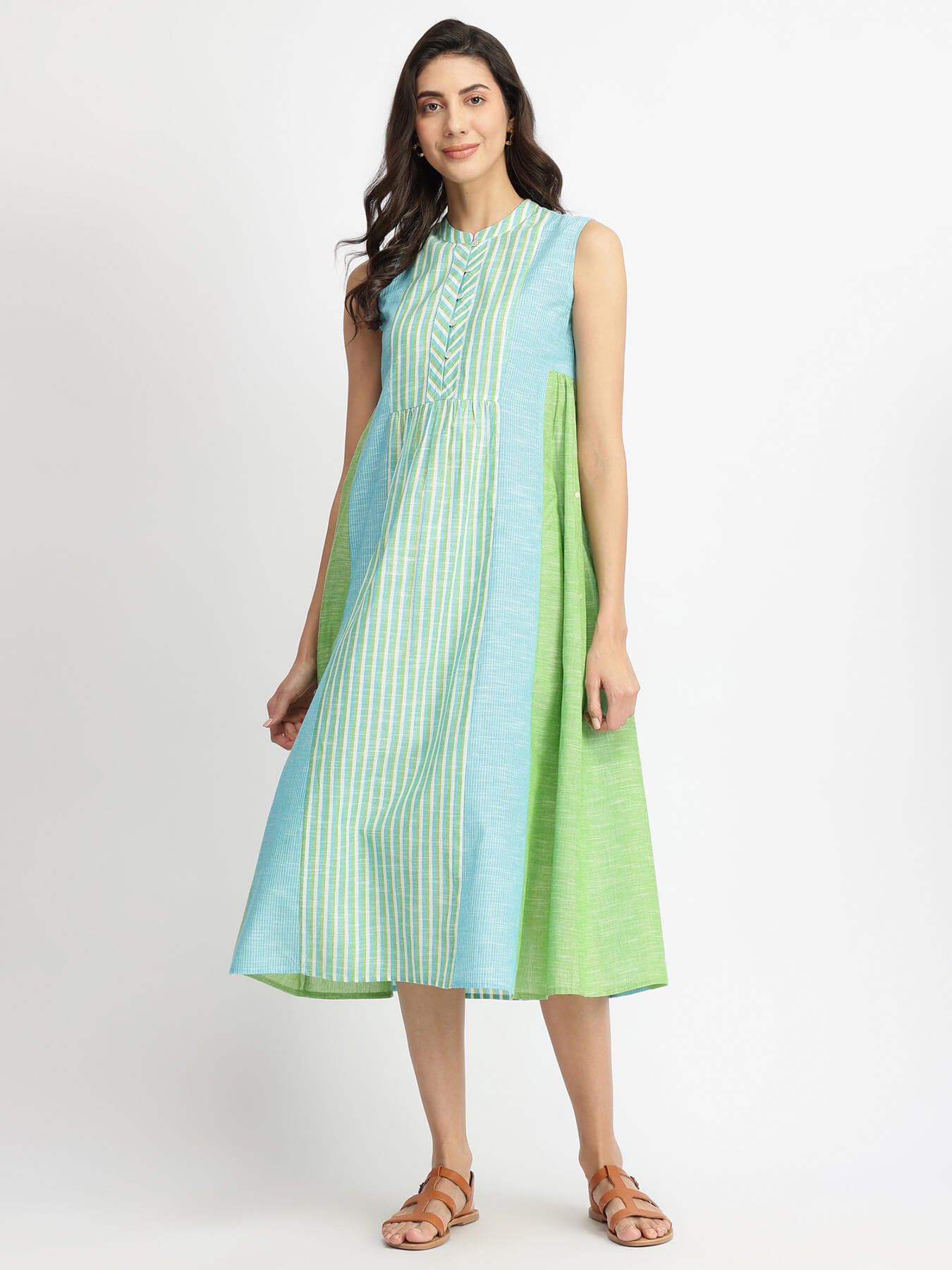 Cotton Woven Design A-Line Dress - Green & Blue