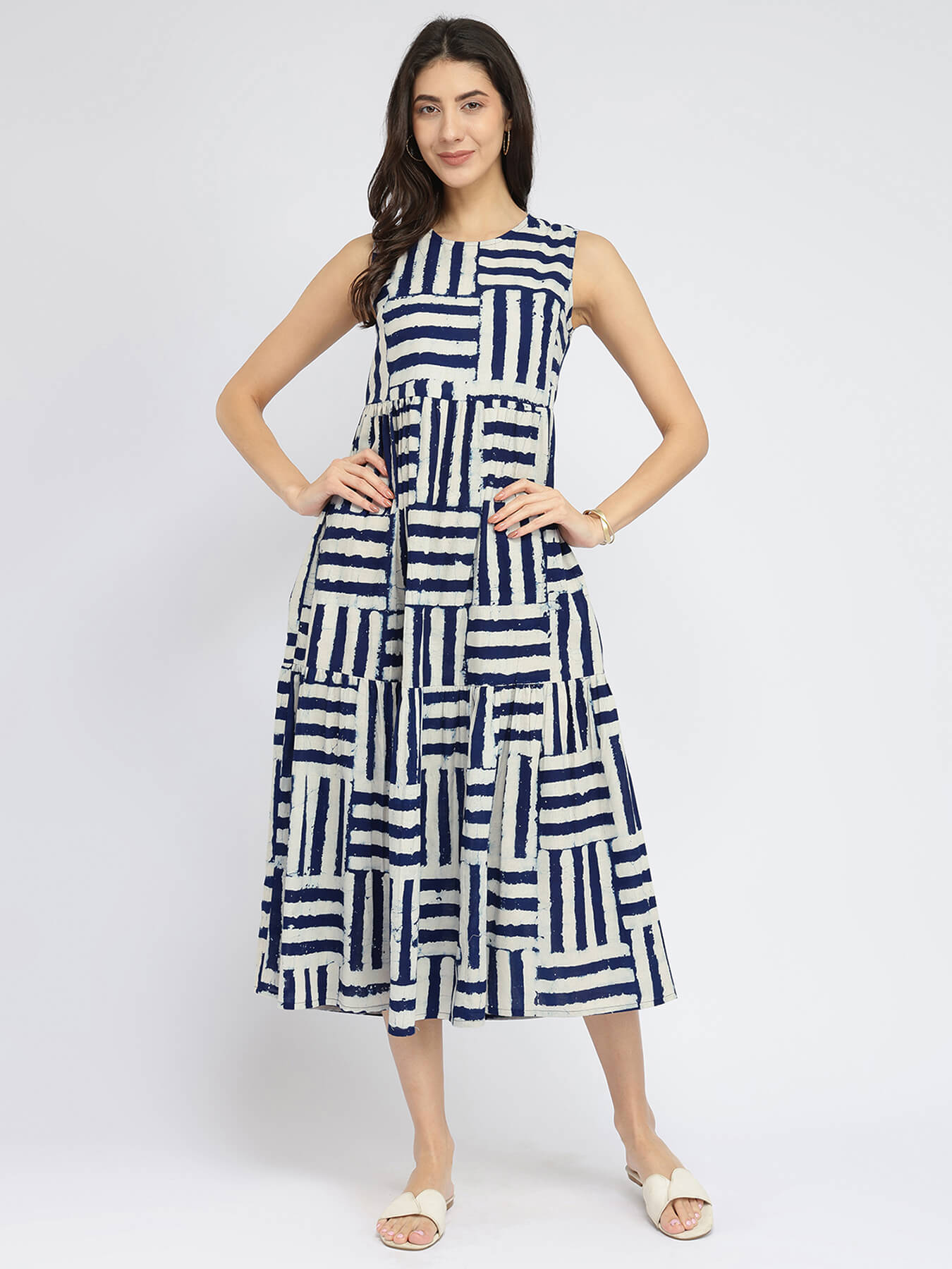 Cotton Dabu Stripe Play Dress - Indigo