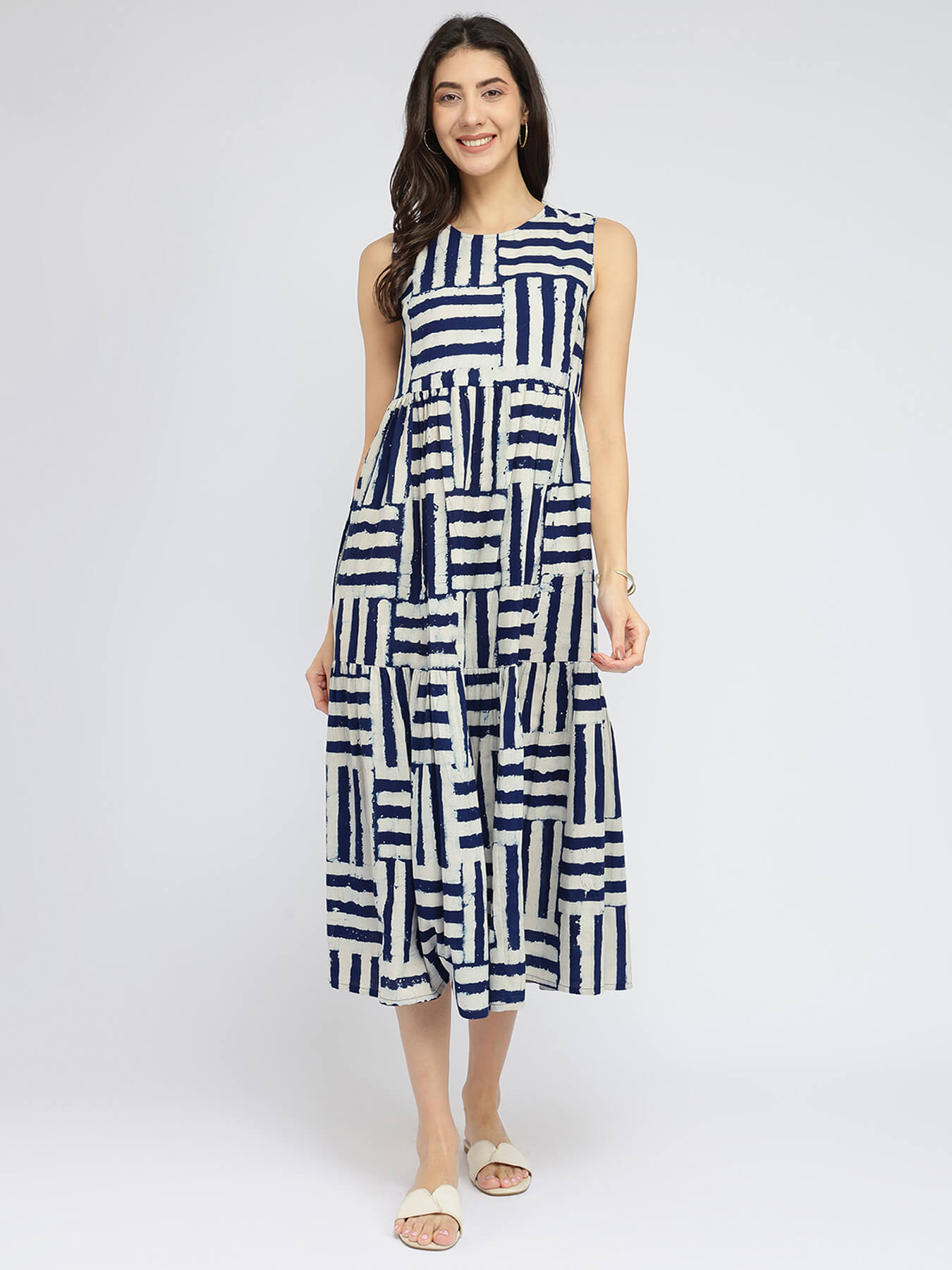 Cotton Dabu Stripe Play Dress - Indigo