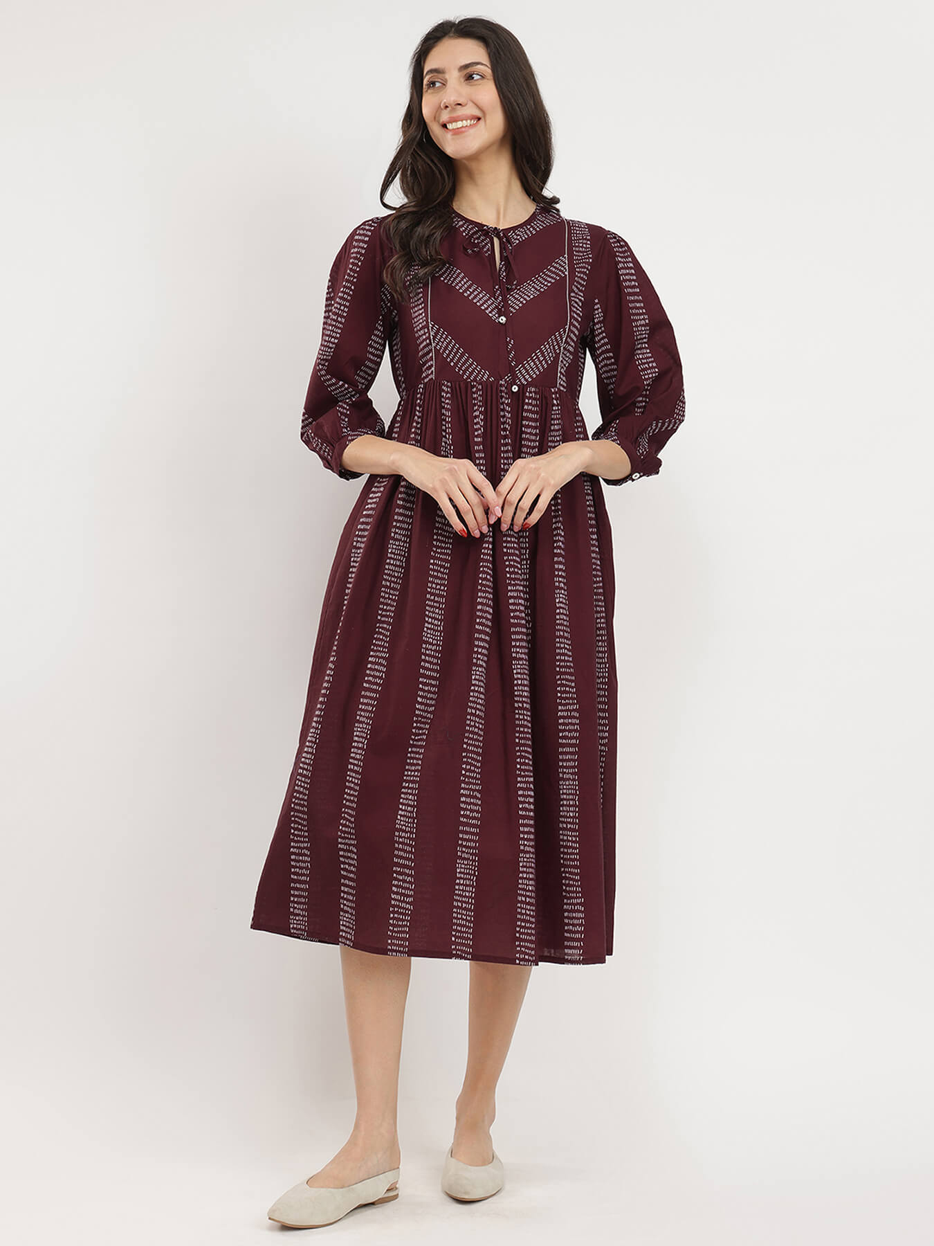 Cotton Geometric Print TIe-Up Dress - Burgundy