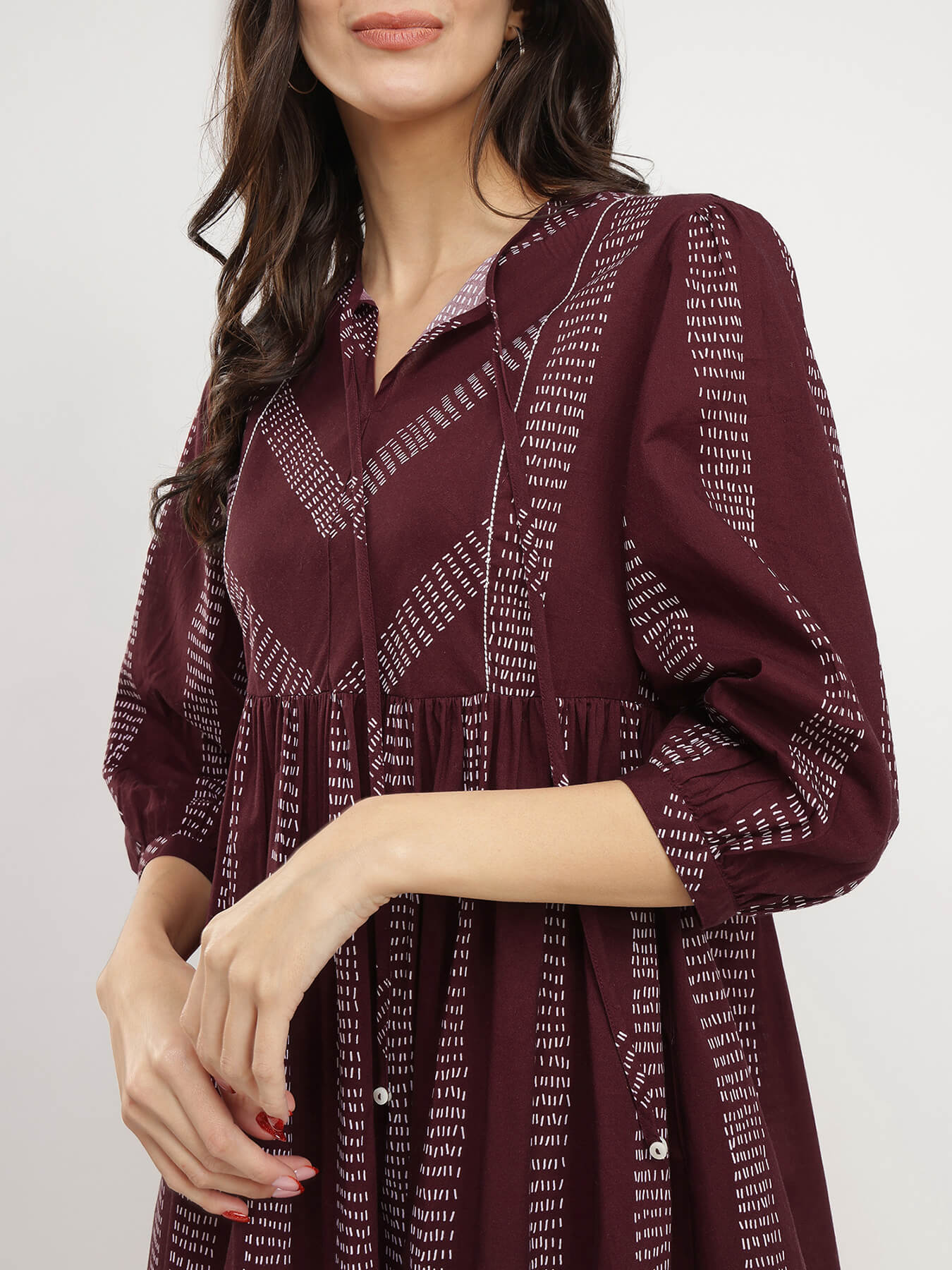 Cotton Geometric Print TIe-Up Dress - Burgundy