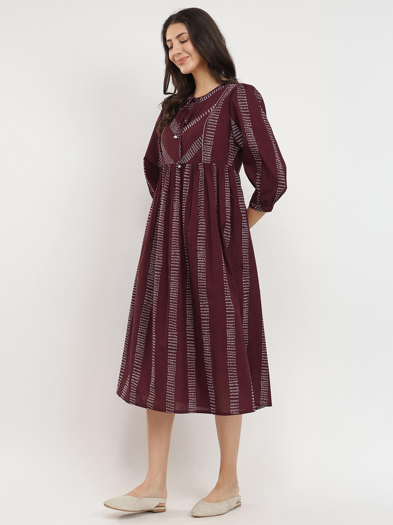 Cotton Geometric Print TIe-Up Dress - Burgundy