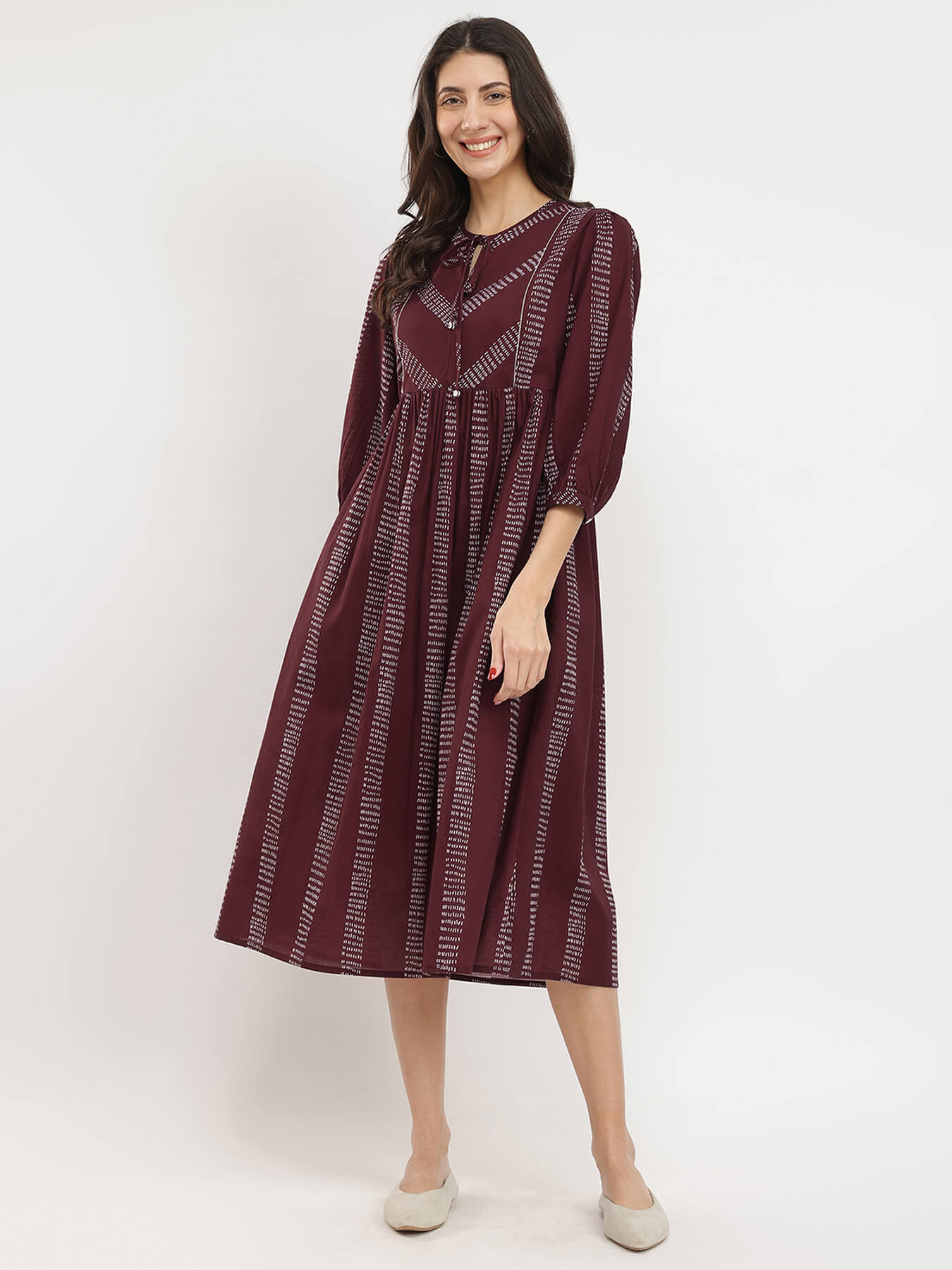Cotton Geometric Print TIe-Up Dress - Burgundy