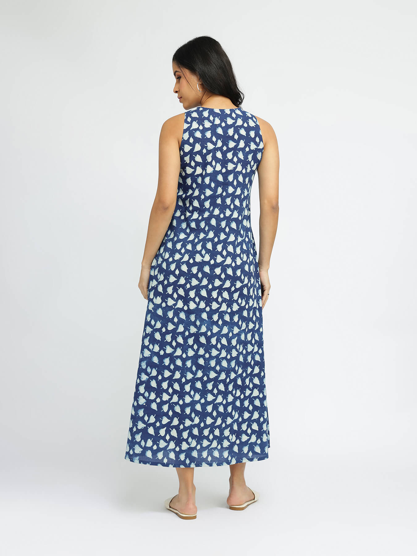 Cotton Dabu Floral Fit & Flare Dress - Indigo