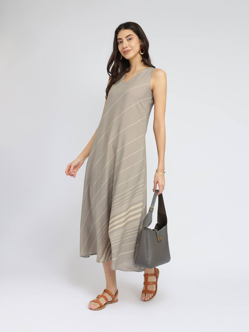 Rayon Striped Sleeveless Dress - Grey