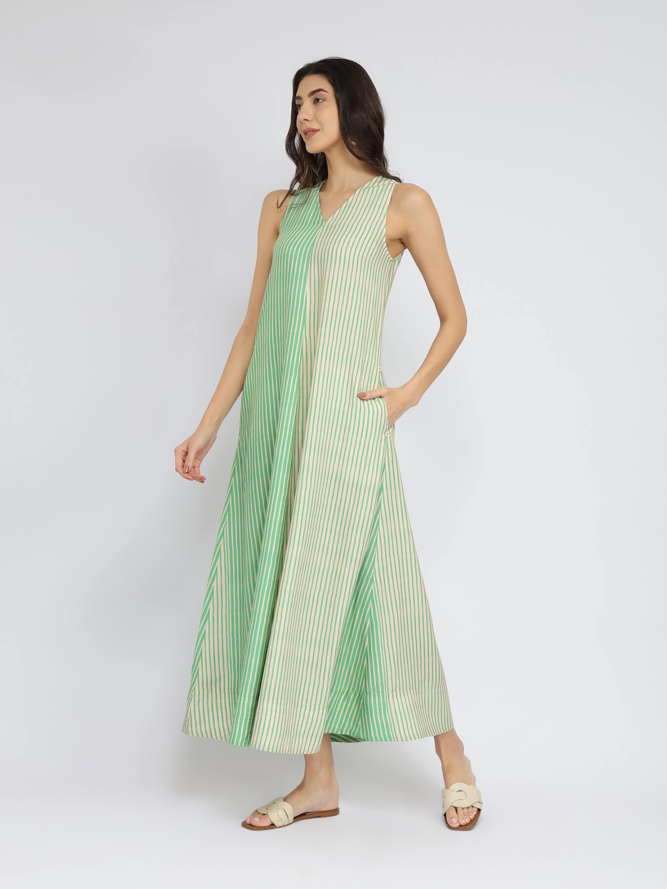 Rayon Colourblock & Striped Dress - Green