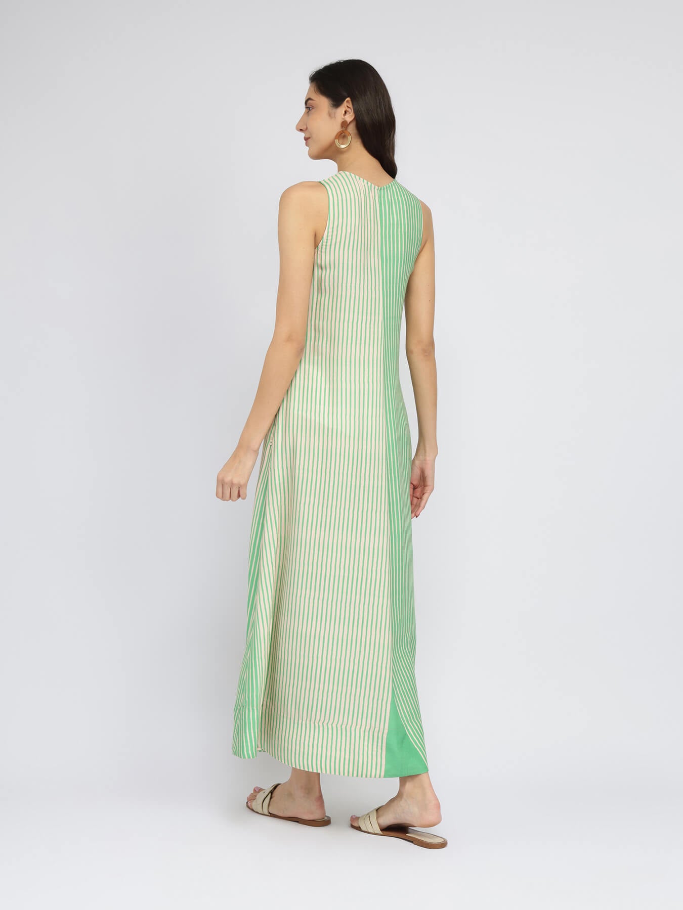 Rayon Colourblock & Striped Dress - Green
